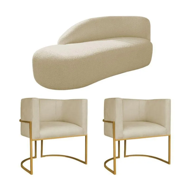 Kit Divã Luna 160cm Lado Esquerdo E 02 Poltronas Base De Ferro Dourado Suede Bege