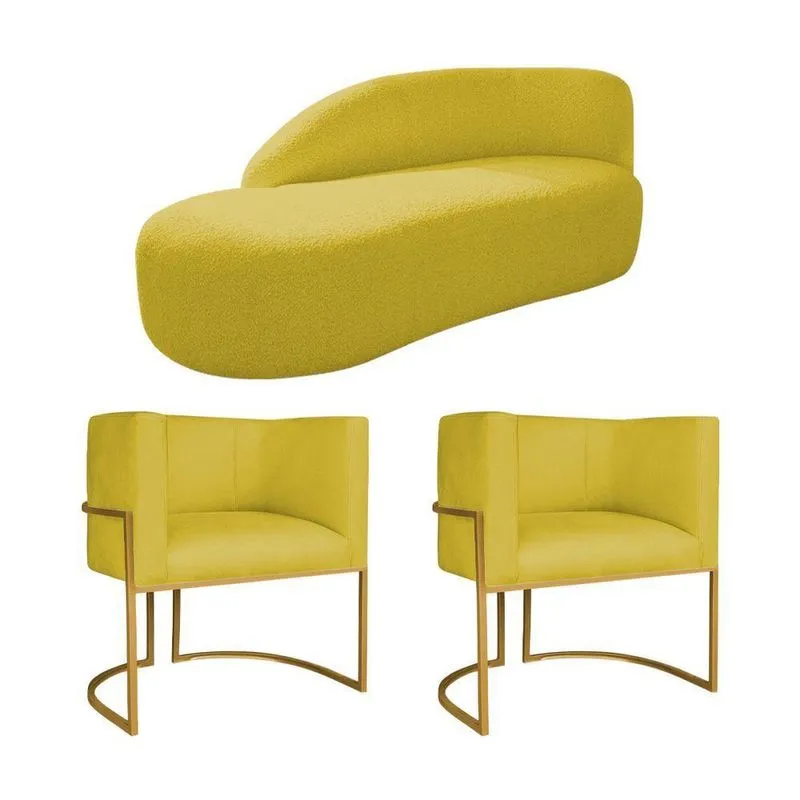 Kit Divã Luna 160cm Lado Esquerdo E 02 Poltronas Base De Ferro Dourado Suede Amarelo