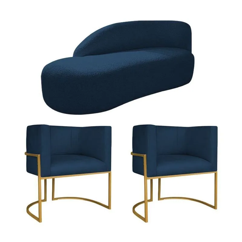 Kit Divã Luna 160cm Lado Esquerdo E 02 Poltronas Base De Ferro Dourado Suede Azul Marinho