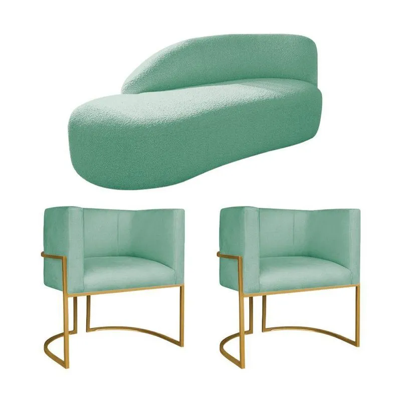 Kit Divã Luna 160cm Lado Esquerdo E 02 Poltronas Base De Ferro Dourado Suede Azul Tiffany