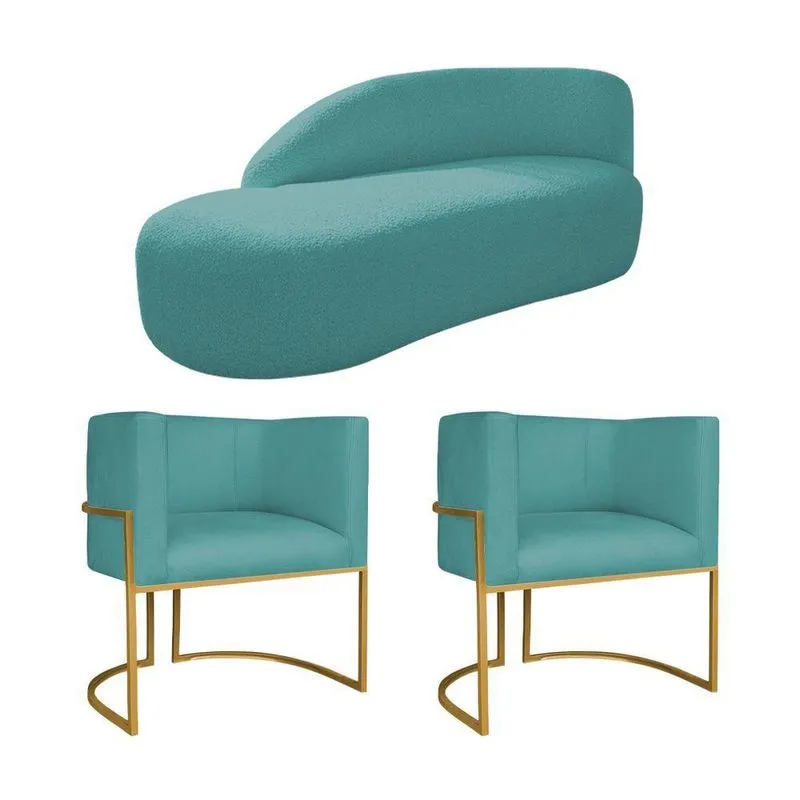 Kit Divã Luna 160cm Lado Esquerdo E 02 Poltronas Base De Ferro Dourado Suede Azul Turquesa