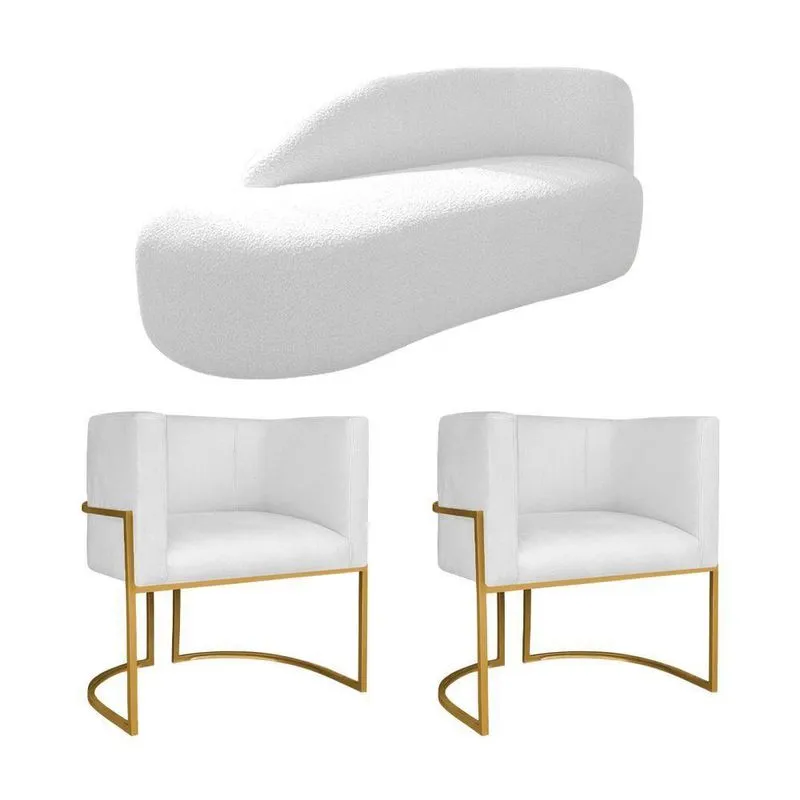 Kit Divã Luna 160cm Lado Esquerdo E 02 Poltronas Base De Ferro Dourado Suede Branco