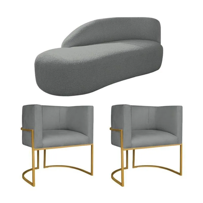 Kit Divã Luna 160cm Lado Esquerdo E 02 Poltronas Base De Ferro Dourado Suede Cinza
