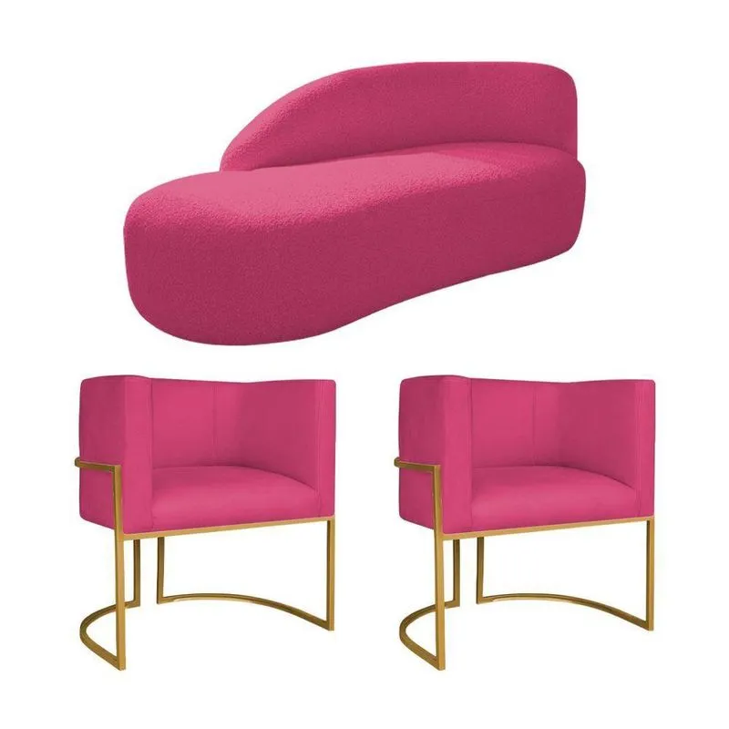 Kit Divã Luna 160cm Lado Esquerdo E 02 Poltronas Base De Ferro Dourado Suede Pink