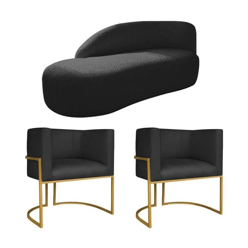 Kit Divã Luna 160cm Lado Esquerdo E 02 Poltronas Base De Ferro Dourado Suede Preto