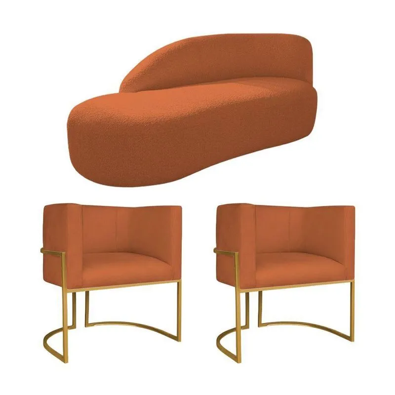 Kit Divã Luna 160cm Lado Esquerdo E 02 Poltronas Base De Ferro Dourado Suede Terracota