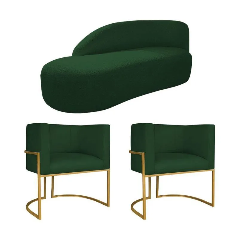 Kit Divã Luna 160cm Lado Esquerdo E 02 Poltronas Base De Ferro Dourado Suede Verde