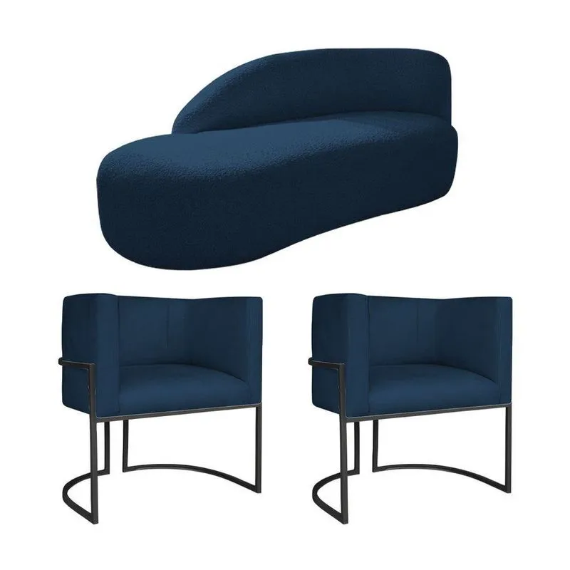 Kit Divã Luna 160cm Lado Esquerdo E 02 Poltronas Base De Ferro Preto Suede Azul Marinho
