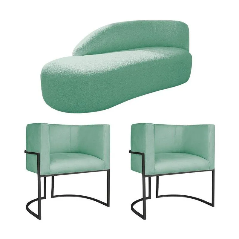 Kit Divã Luna 160cm Lado Esquerdo E 02 Poltronas Base De Ferro Preto Suede Azul Tiffany