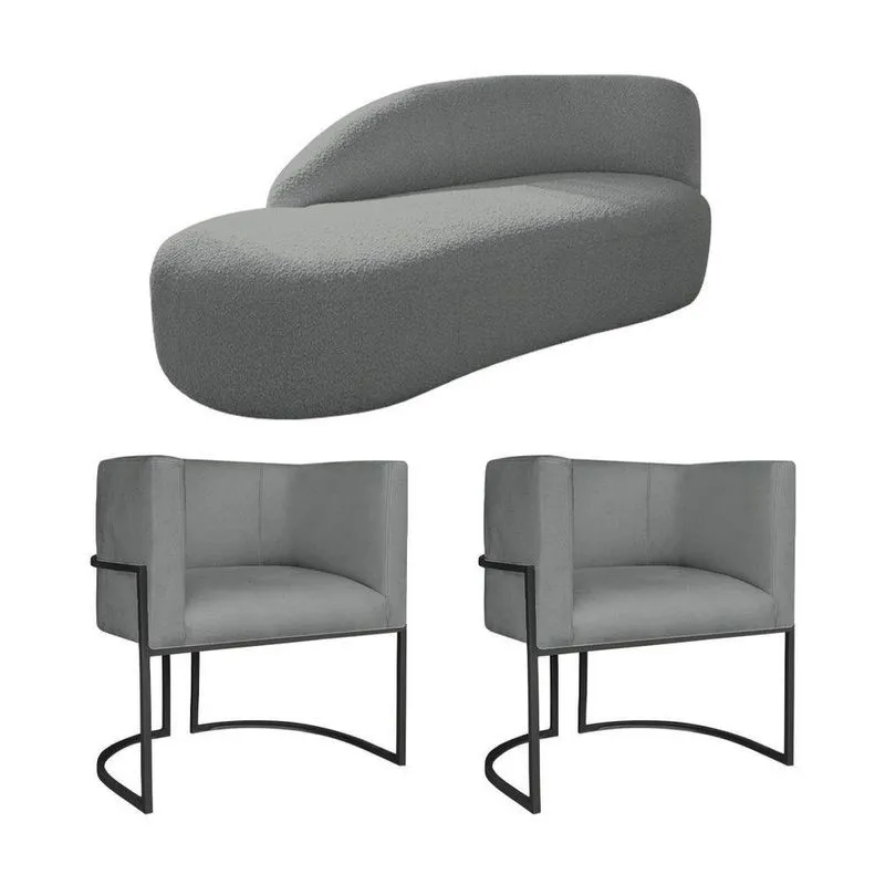 Kit Divã Luna 160cm Lado Esquerdo E 02 Poltronas Base De Ferro Preto Suede Cinza