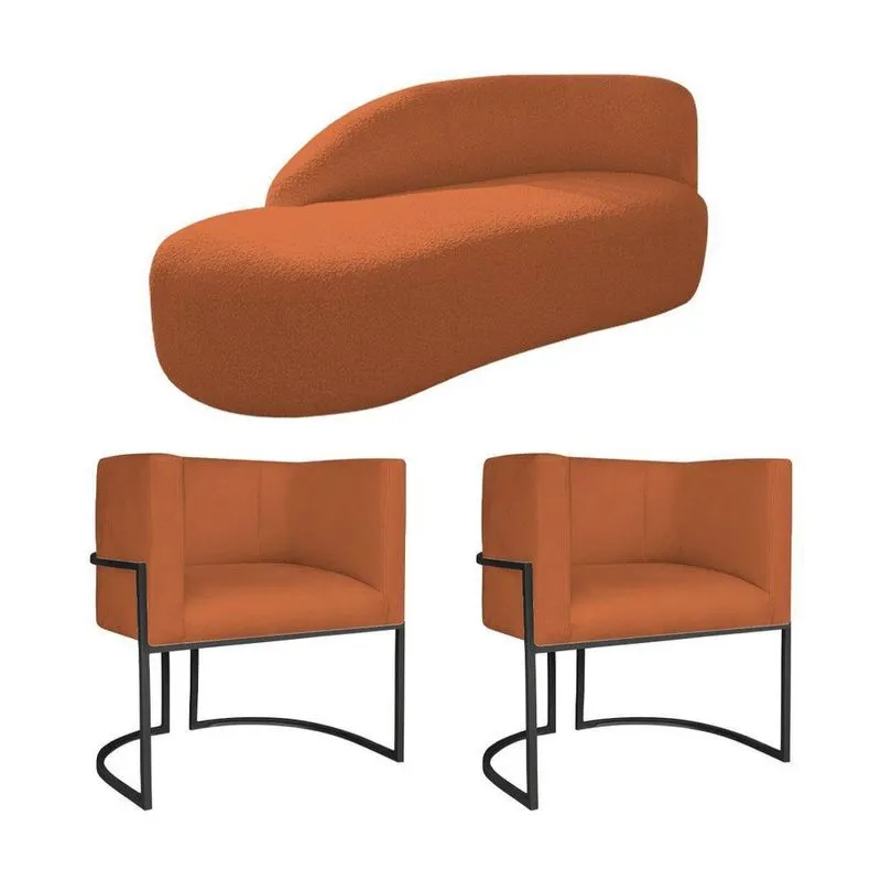 Kit Divã Luna 160cm Lado Esquerdo E 02 Poltronas Base De Ferro Preto Suede Terracota