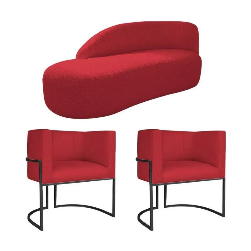 Kit Divã Luna 160cm Lado Esquerdo E 02 Poltronas Base De Ferro Preto Suede Vermelho