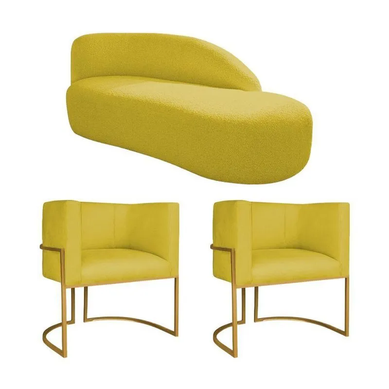 Kit Divã Luna 185cm Lado Direito E 02 Poltronas Base De Ferro Dourado Suede Amarelo