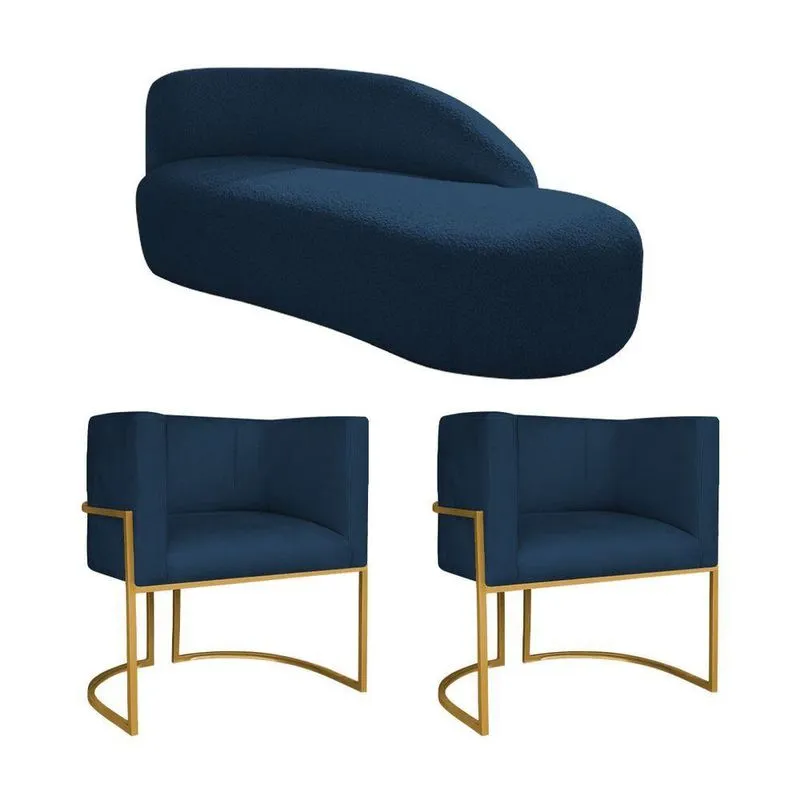 Kit Divã Luna 185cm Lado Direito E 02 Poltronas Base De Ferro Dourado Suede Azul Marinho