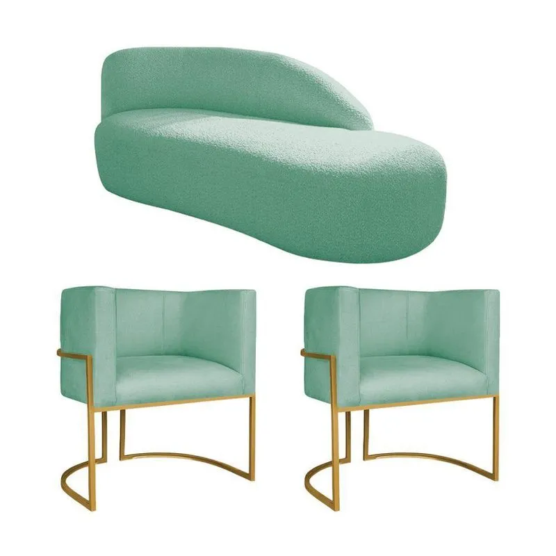 Kit Divã Luna 185cm Lado Direito E 02 Poltronas Base De Ferro Dourado Suede Azul Tiffany