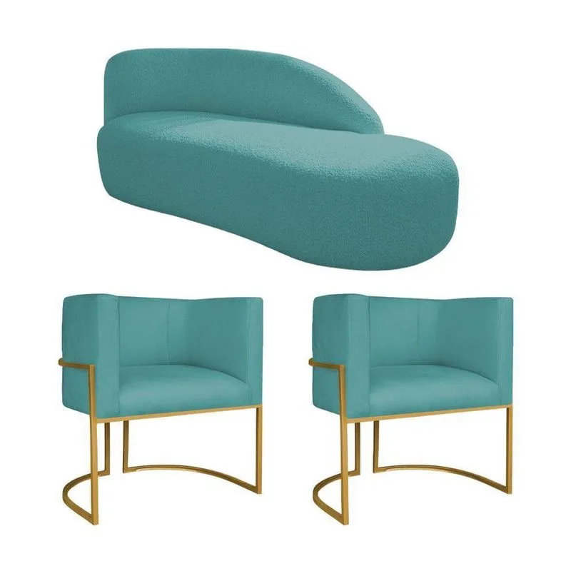 Kit Divã Luna 185cm Lado Direito E 02 Poltronas Base De Ferro Dourado Suede Azul Turquesa