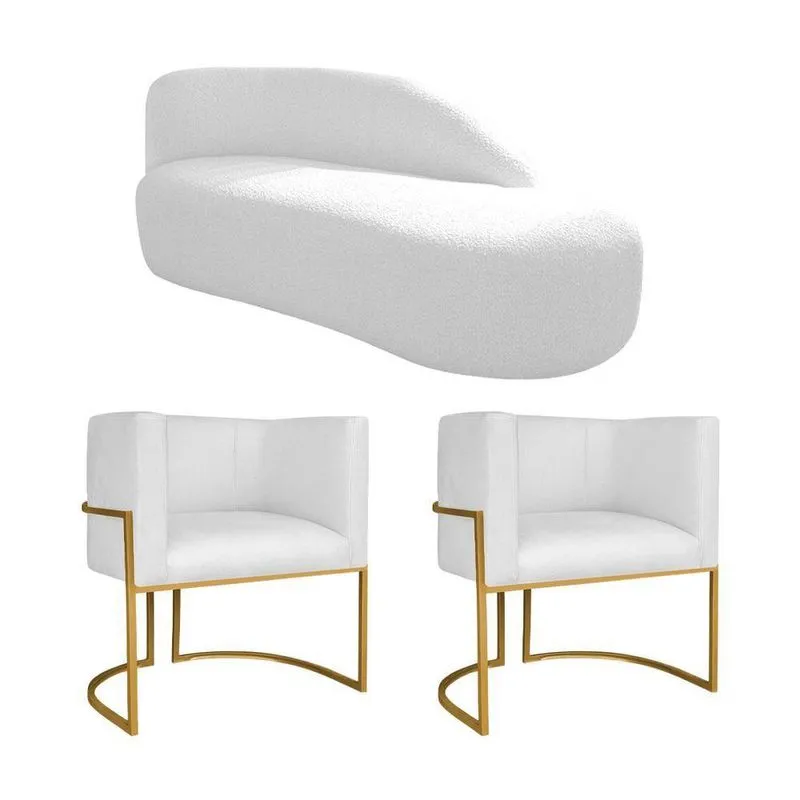 Kit Divã Luna 185cm Lado Direito E 02 Poltronas Base De Ferro Dourado Suede Branco