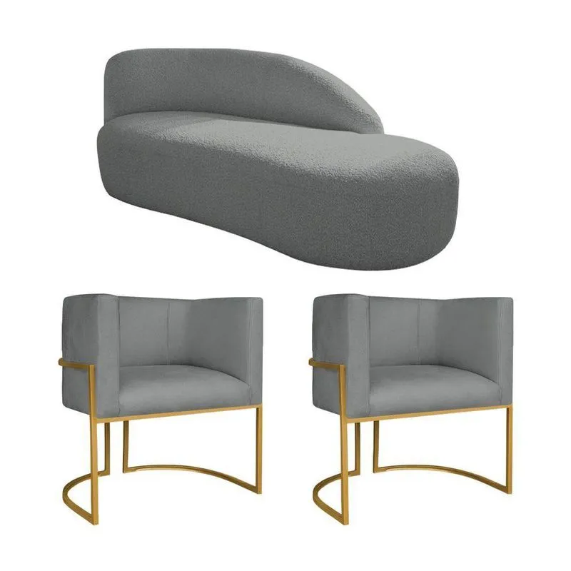 Kit Divã Luna 185cm Lado Direito E 02 Poltronas Base De Ferro Dourado Suede Cinza