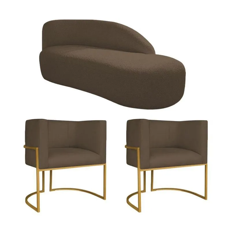 Kit Divã Luna 185cm Lado Direito E 02 Poltronas Base De Ferro Dourado Suede Marrom