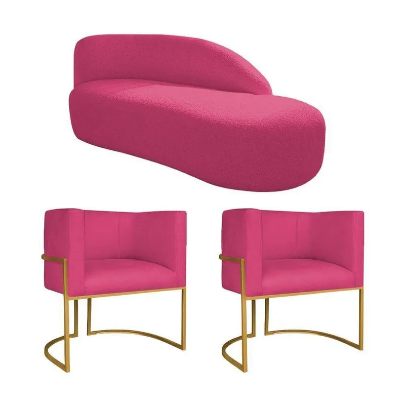 Kit Divã Luna 185cm Lado Direito E 02 Poltronas Base De Ferro Dourado Suede Pink