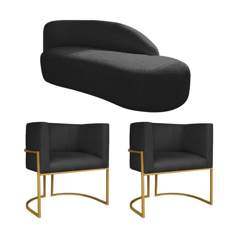 Kit Divã Luna 185cm Lado Direito E 02 Poltronas Base De Ferro Dourado Suede Preto