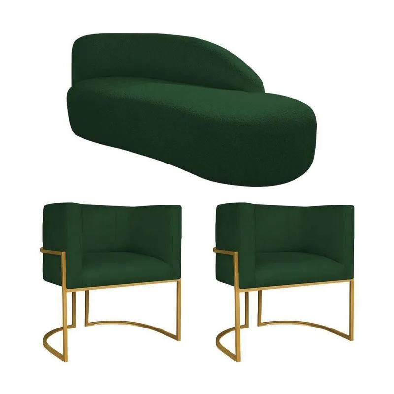 Kit Divã Luna 185cm Lado Direito E 02 Poltronas Base De Ferro Dourado Suede Verde