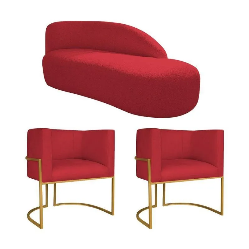 Kit Divã Luna 185cm Lado Direito E 02 Poltronas Base De Ferro Dourado Suede Vermelho