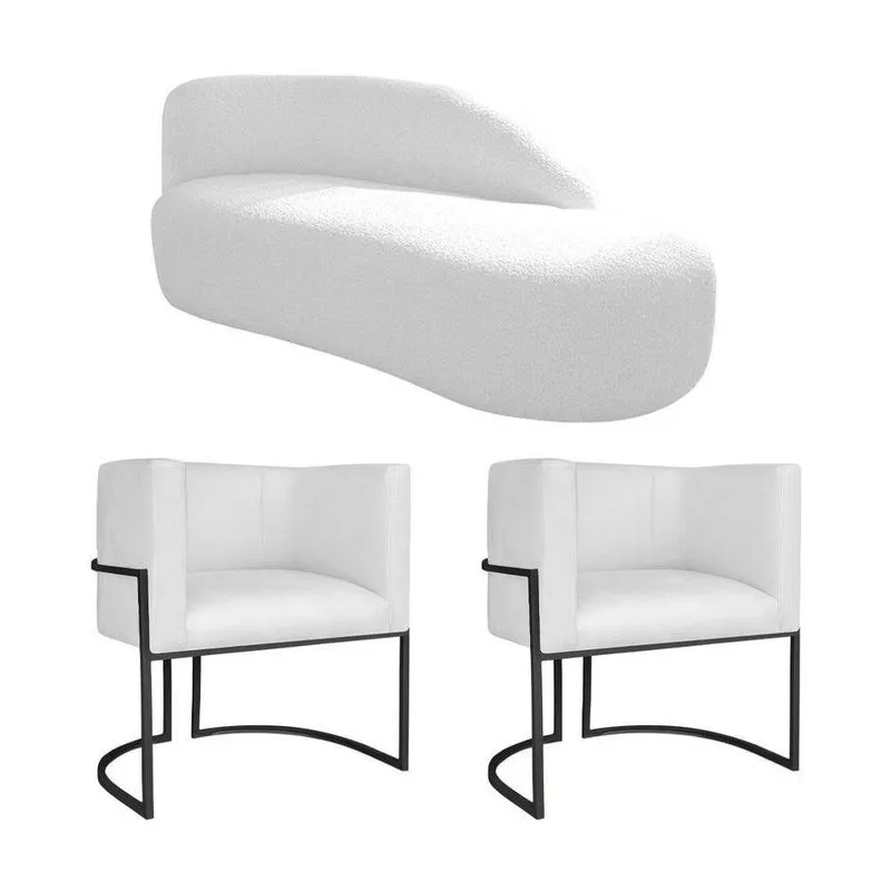 Kit Divã Luna 185cm Lado Direito E 02 Poltronas Base De Ferro Preto Suede Branco