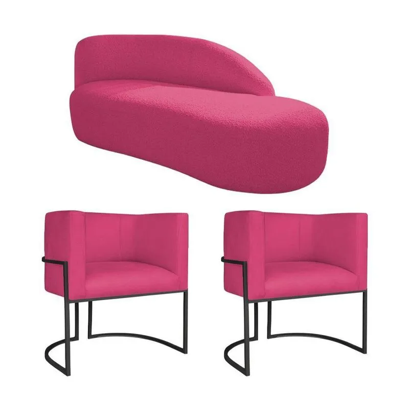 Kit Divã Luna 185cm Lado Direito E 02 Poltronas Base De Ferro Preto Suede Pink