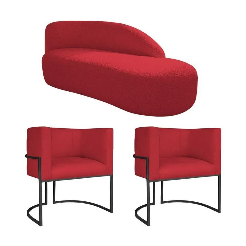 Kit Divã Luna 185cm Lado Direito E 02 Poltronas Base De Ferro Preto Suede Vermelho