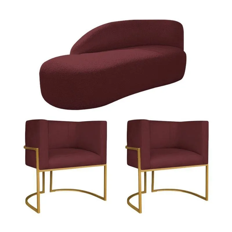 Kit Divã Luna 185cm Lado Esquerdo E 02 Poltronas Base De Ferro Dourado Suede Bordô