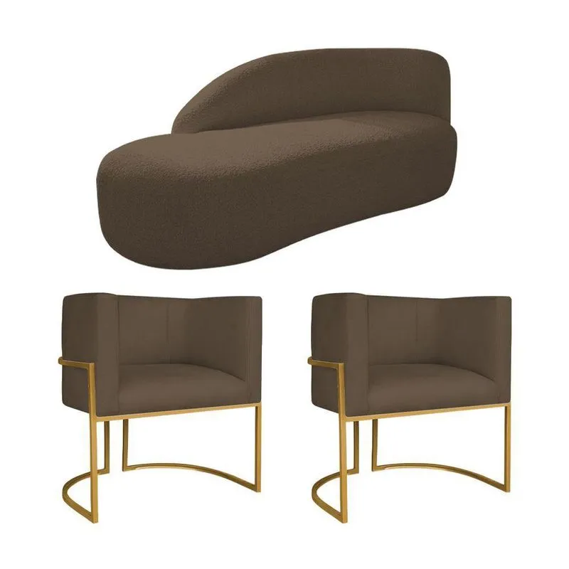 Kit Divã Luna 185cm Lado Esquerdo E 02 Poltronas Base De Ferro Dourado Suede Marrom