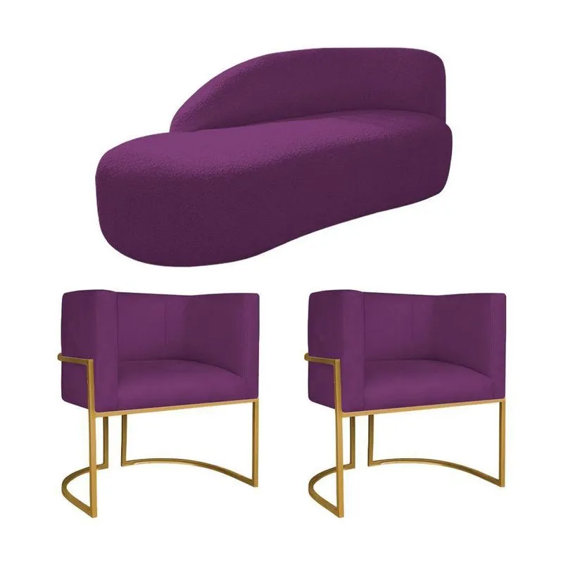 Kit Divã Luna 185cm Lado Esquerdo E 02 Poltronas Base De Ferro Dourado Suede Roxo
