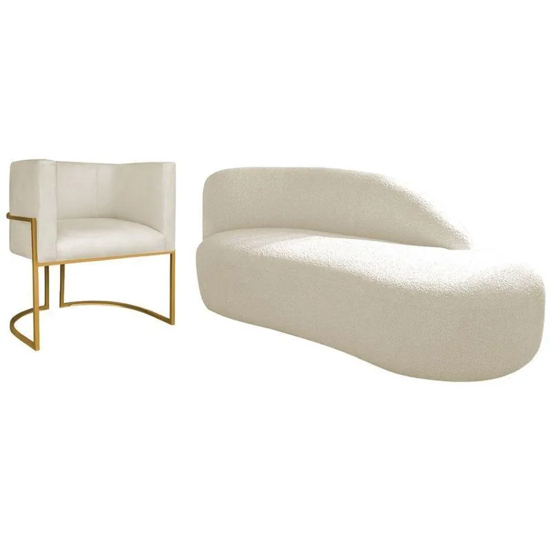 Kit Divã Luna 185cm Lado Direito E 01 Poltrona Base De Ferro Dourado Linho Cor Bege