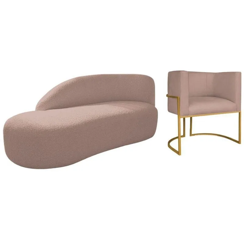Kit Divã Luna 140cm Lado Esquerdo E 01 Poltrona Base De Ferro Dourado Linho Cor Rosê