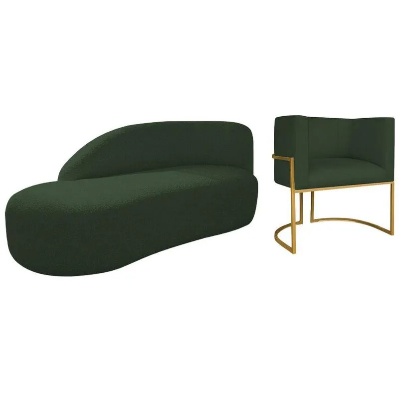 Kit Divã Luna 140cm Lado Esquerdo E 01 Poltrona Base De Ferro Dourado Linho Cor Verde