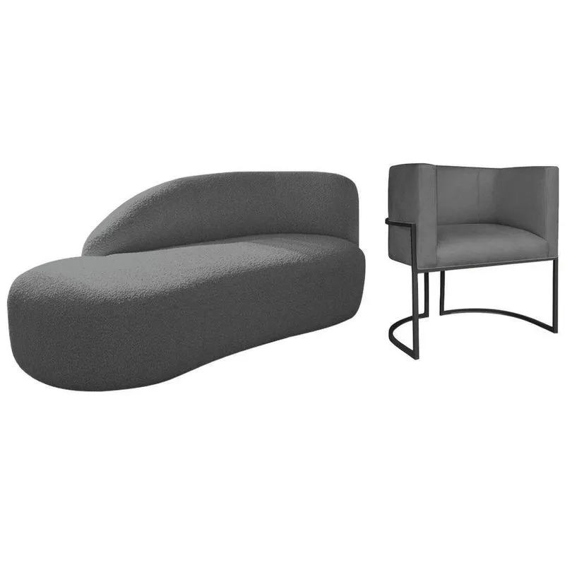 Kit Divã Luna 140cm Lado Esquerdo E 01 Poltrona Base De Ferro Preto Linho Cor Cinza Escuro