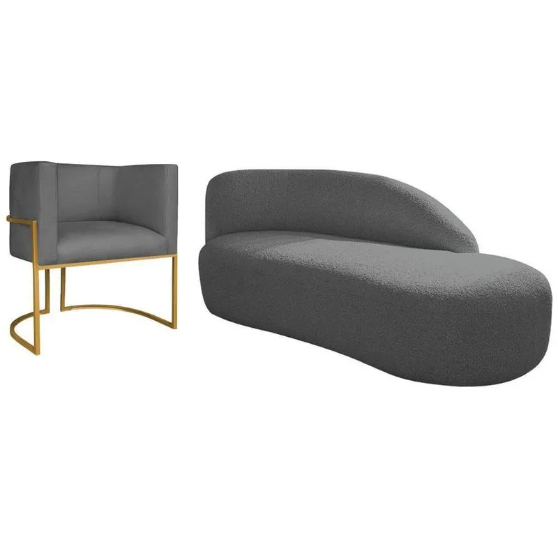 Kit Divã Luna 160cm Lado Direito E 01 Poltrona Base De Ferro Dourado Linho Cor Cinza Escuro