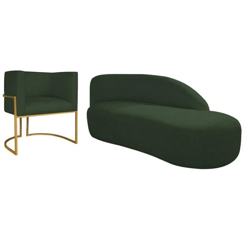 Kit Divã Luna 160cm Lado Direito E 01 Poltrona Base De Ferro Dourado Linho Cor Verde