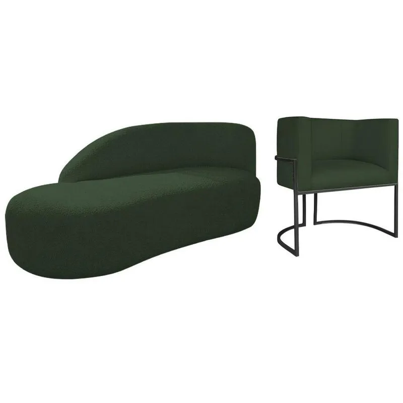 Kit Divã Luna 160cm Lado Esquerdo E 01 Poltrona Base De Ferro Preto Linho Cor Verde