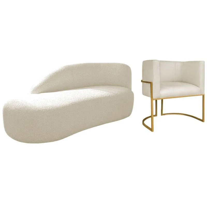 Kit Divã Luna 185cm Lado Esquerdo E 01 Poltrona Base De Ferro Dourado Linho Bege