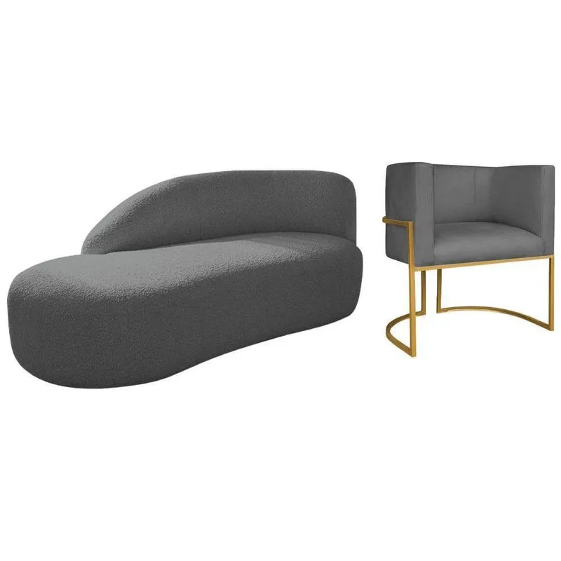 Kit Divã Luna 185cm Lado Esquerdo E 01 Poltrona Base De Ferro Dourado Linho Cinza