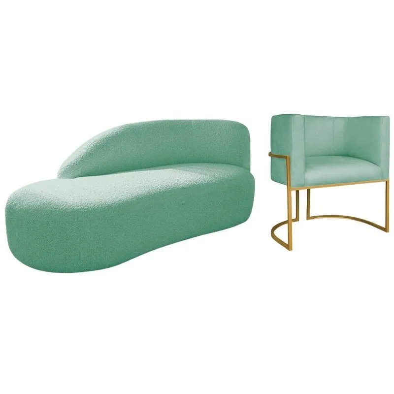 Kit Divã Luna 140cm Lado Esquerdo E 01 Poltrona Base De Ferro Dourado Suede Cor Azul Tiffany