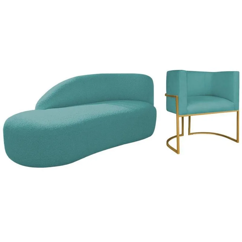 Kit Divã Luna 140cm Lado Esquerdo E 01 Poltrona Base De Ferro Dourado Suede Cor Azul Turquesa