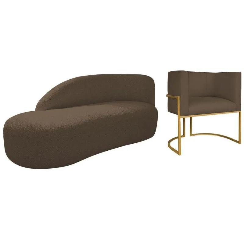 Kit Divã Luna 140cm Lado Esquerdo E 01 Poltrona Base De Ferro Dourado Suede Cor Marrom
