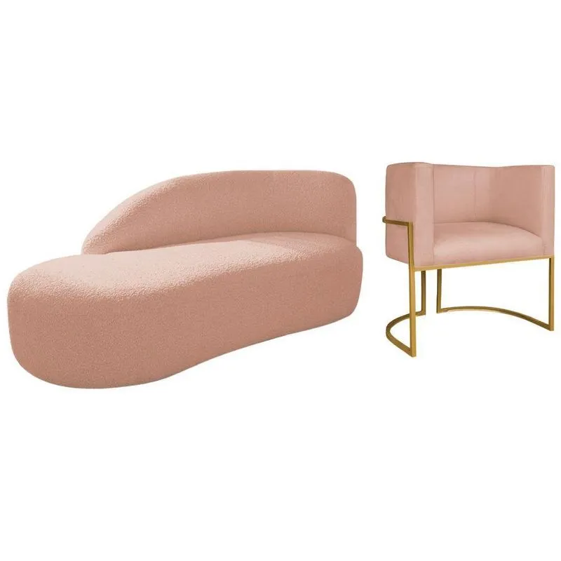 Kit Divã Luna 140cm Lado Esquerdo E 01 Poltrona Base De Ferro Dourado Suede Cor Rosê