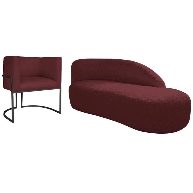 Kit Divã Luna 140cm Lado Direito E 01 Poltrona Base De Ferro Preto Suede Cor Bordô