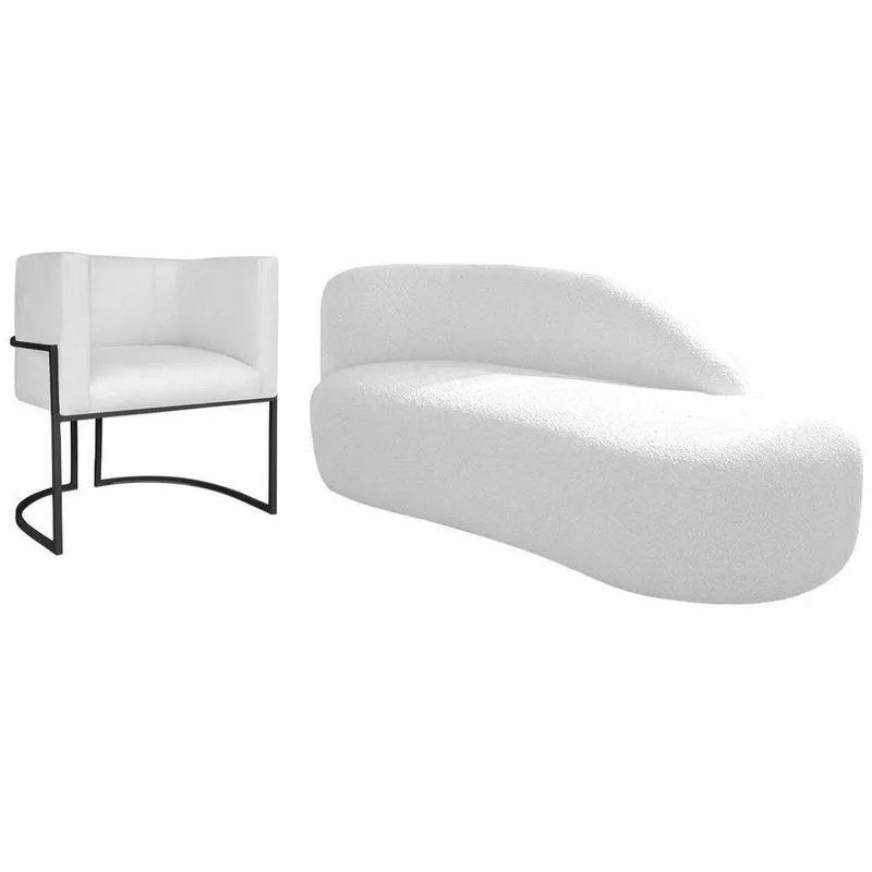 Kit Divã Luna 140cm Lado Direito E 01 Poltrona Base De Ferro Preto Suede Cor Branco