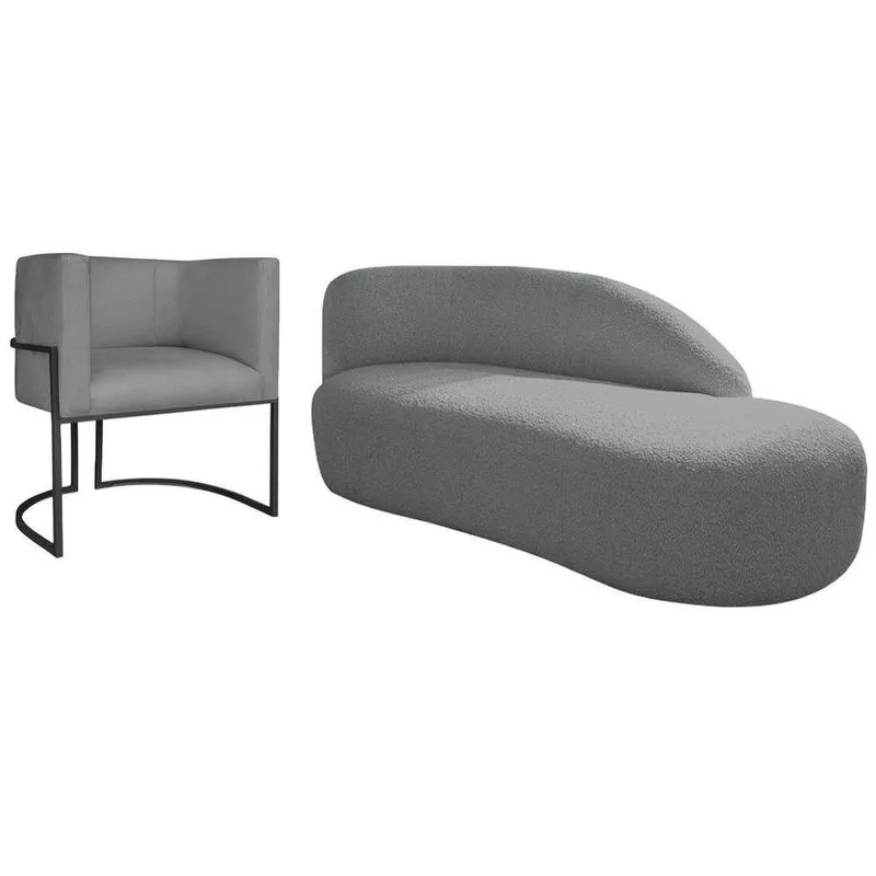 Kit Divã Luna 140cm Lado Direito E 01 Poltrona Base De Ferro Preto Suede Cor Cinza