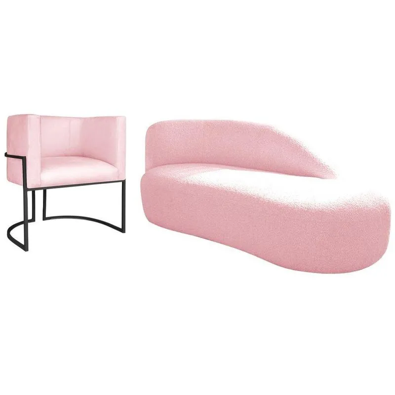 Kit Divã Luna 140cm Lado Direito E 01 Poltrona Base De Ferro Preto Suede Cor Rosa Bebê